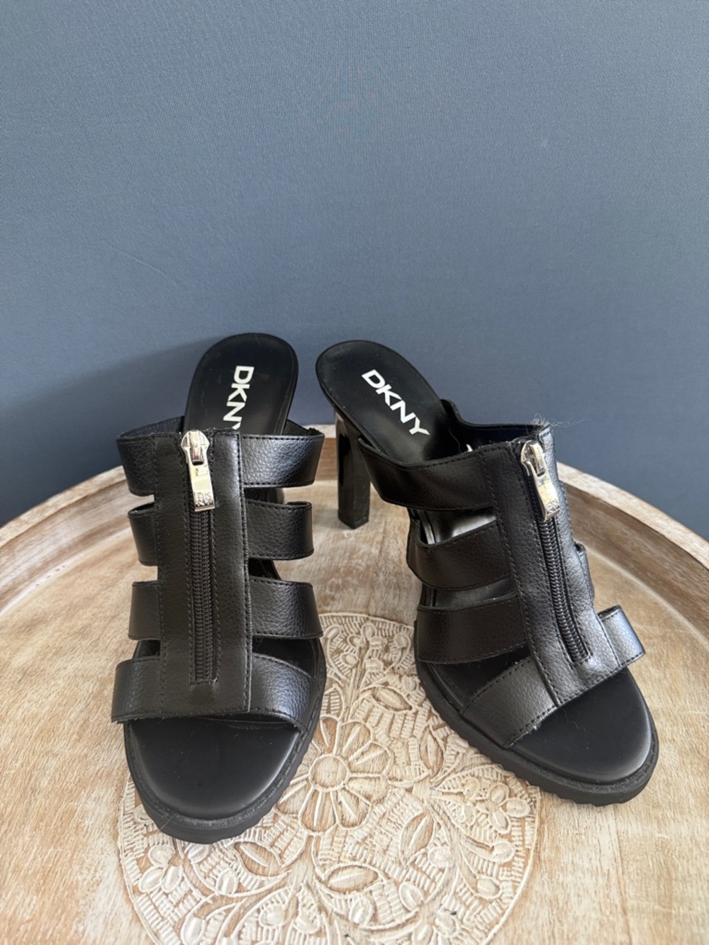 DKNY Black Strappy Zip Mule Heels